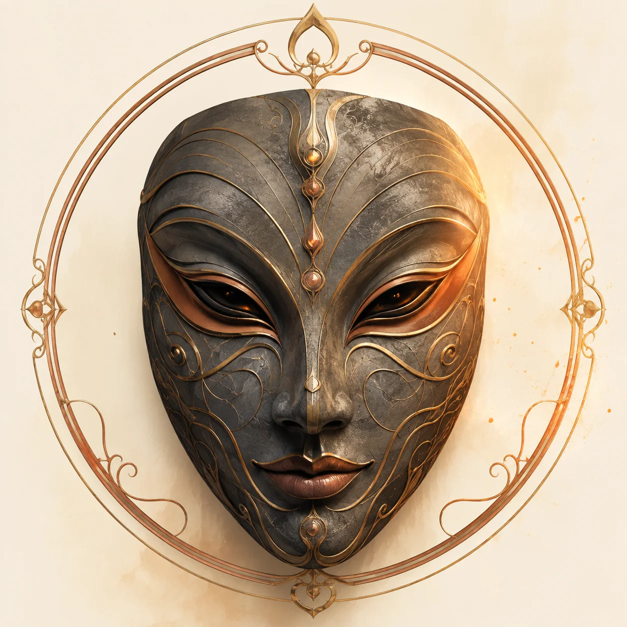Original contemporary fantasy mask concept with graphite surfaces and copper ornament inside a circular frame